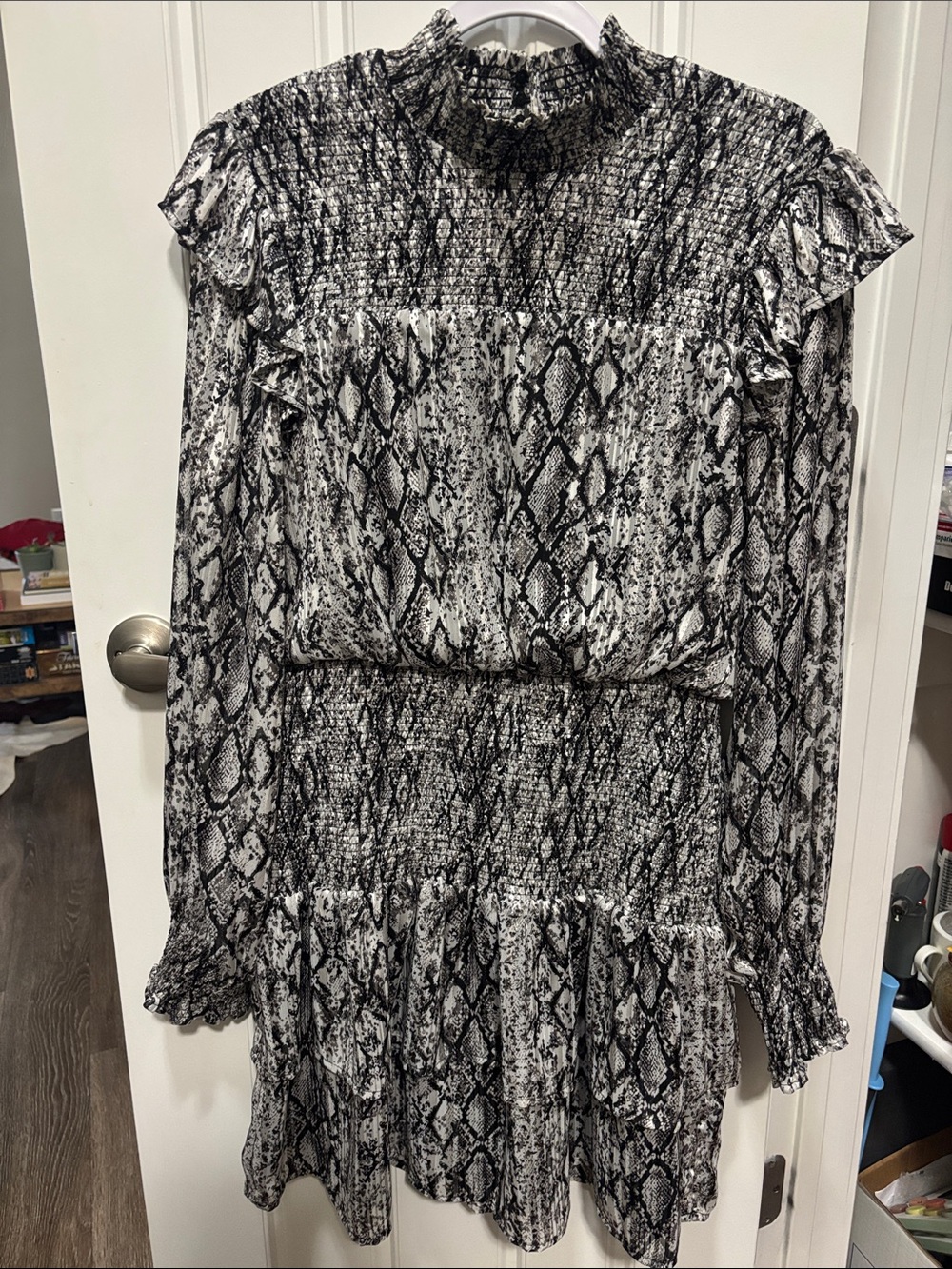 Endless Rose Black & White Snakeskin Print Ruffled Long Sleeve Dress